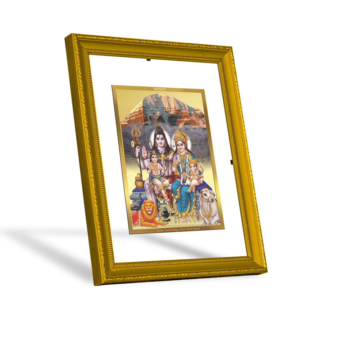 DIVINITI 24K Gold Plated Foil Lord Shiv Parivar Wooden Photo Frame Idol for Puja Room, Home Decor, Wall Hanging, Gift | DG101 Size 2 (22.6x18.4 CM)