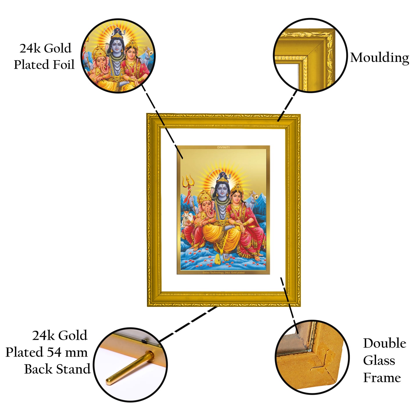 DIVINITI 24K Gold Plated Foil Lord Shiv Parivar Wooden Exquisite Photo Frame Idol for Wall Hanging, Puja Room, Home Decor, Gift | DG101 Size 2 (22.6x18.4 CM)