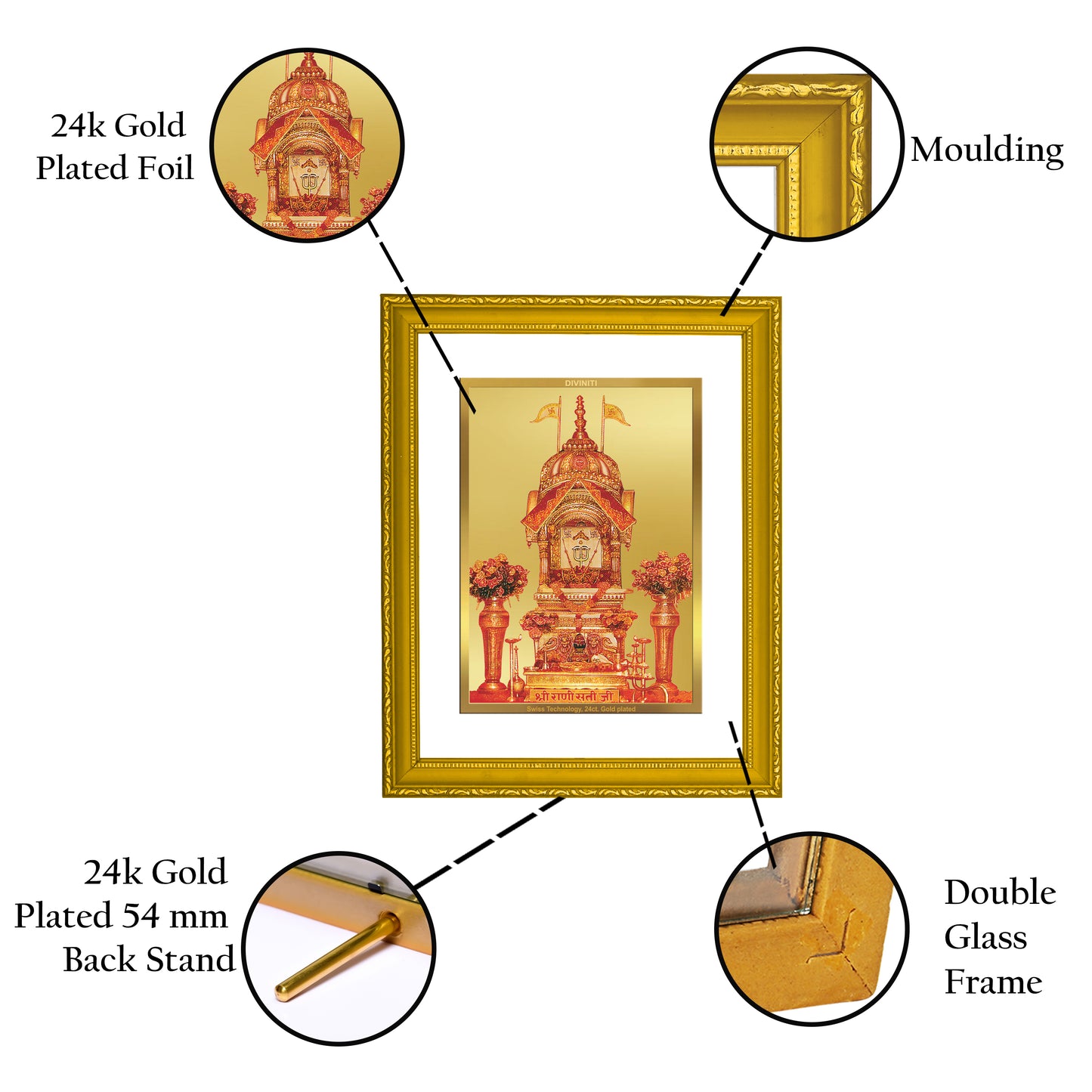 DIVINITI 24K Gold Plated Foil Rani Sati Wooden Classic Wall Photo Frame Idol for Puja Room, Home Decor, Workshop, Gift | DG101 Size 2 (22.6x18.4 CM)