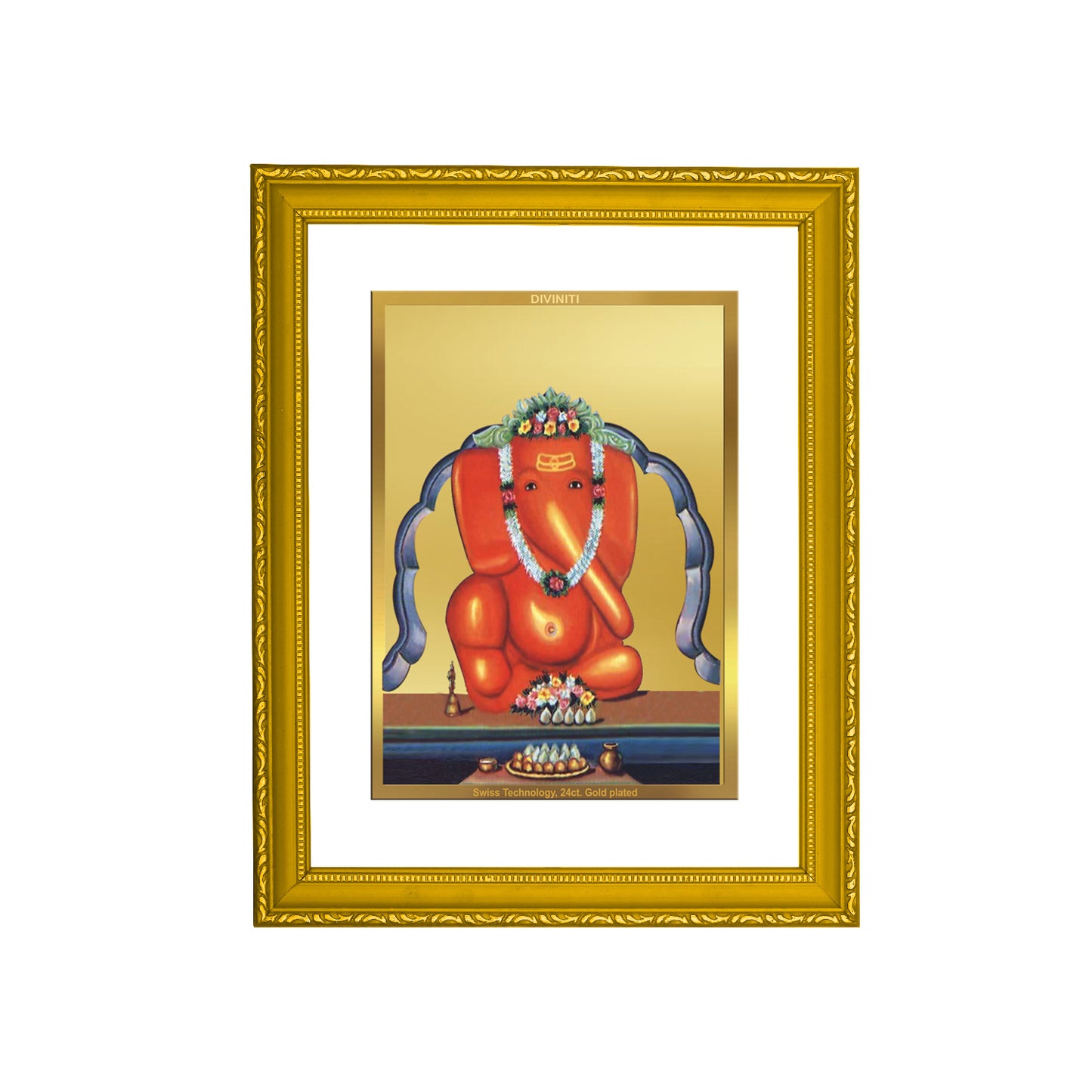 DIVINITI 24K Gold Plated Foil Lord Ganesha Wooden Traditional Wall Photo Frame Idol for Home Decor, Puja Room, Workshop, Gift | DG101 Size 2 (22.6x18.4 CM)