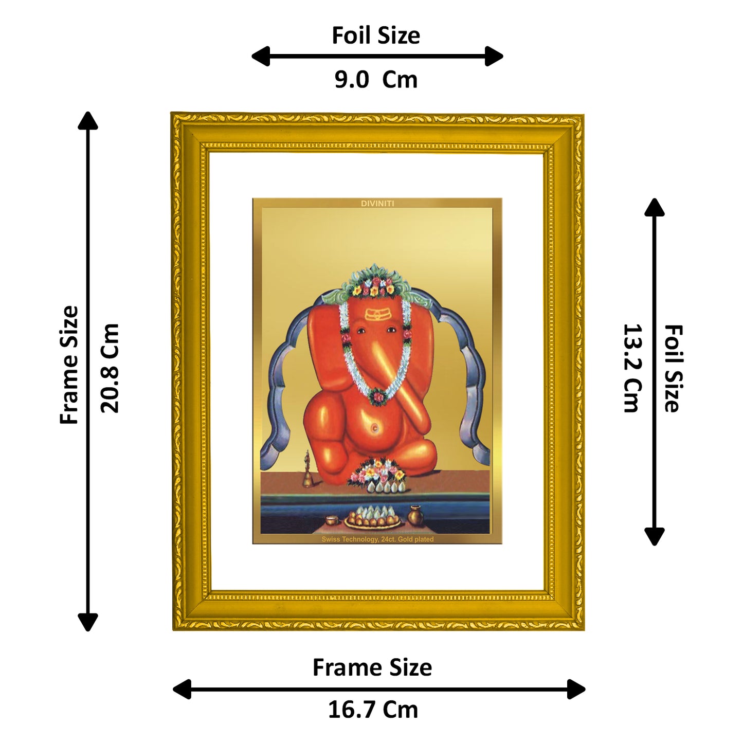 DIVINITI 24K Gold Plated Foil Lord Ganesha Wooden Traditional Wall Photo Frame Idol for Home Decor, Puja Room, Workshop, Gift | DG101 Size 2 (22.6x18.4 CM)