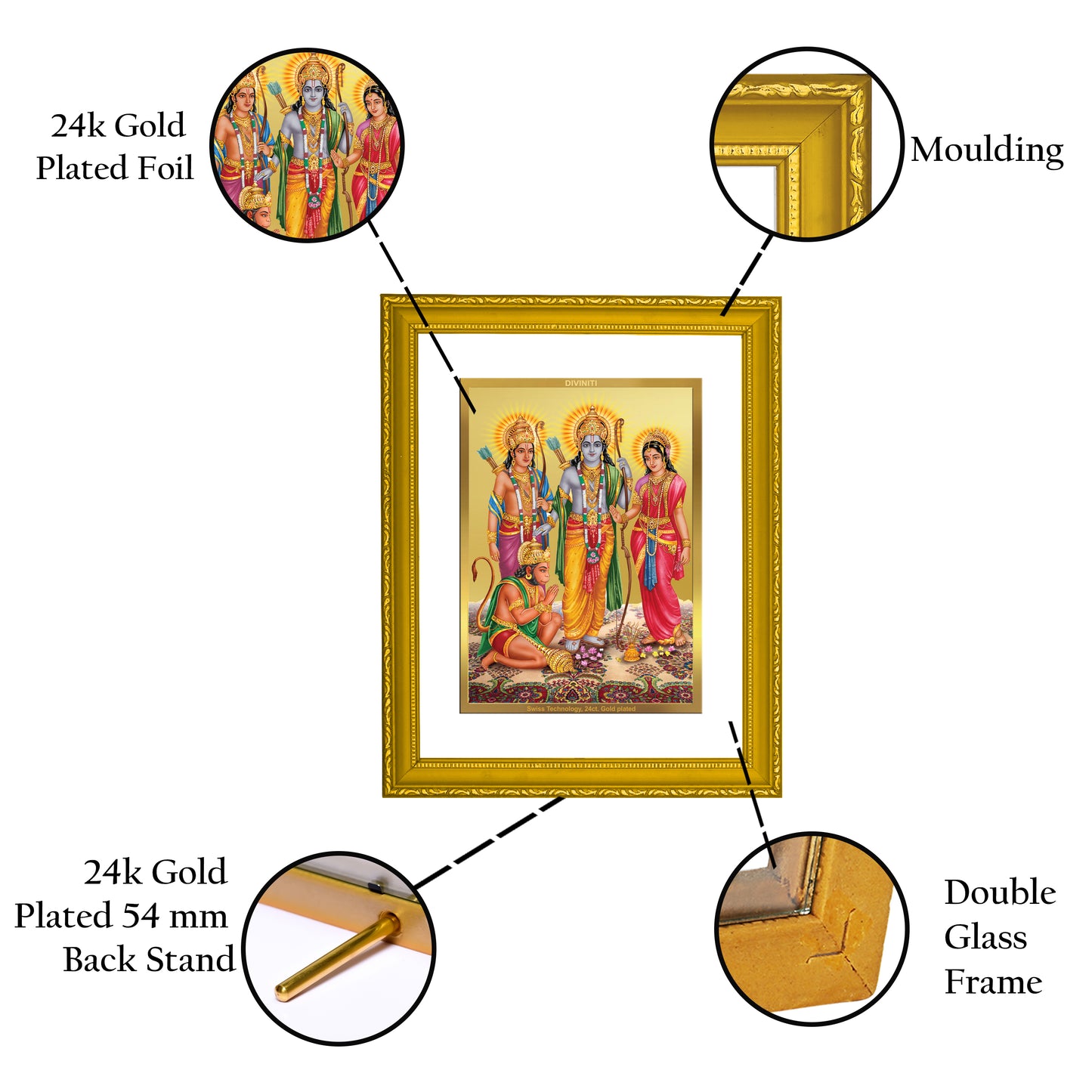 DIVINITI 24K Gold Plated Foil Lord Ram Darbar Wooden Exquisite Photo Frame Idol for Workshop, Wall Hanging, Home Decor, Premium Gift | DG101 Size 2 (22.6x18.4 CM)