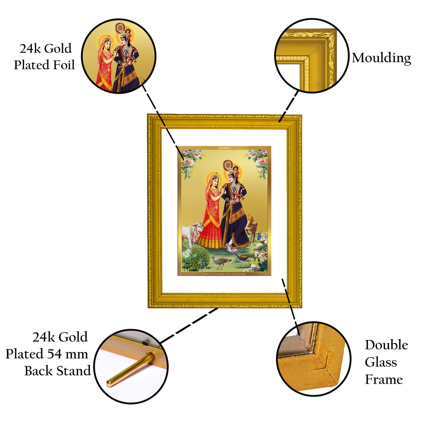 DIVINITI 24K Gold Plated Radha Krishna Wooden Traditional Photo Frame Idol for Home Wall Decor, Workshop, Table Top, Premium Gift | DG101 Size 2 (22.6x18.4 CM)