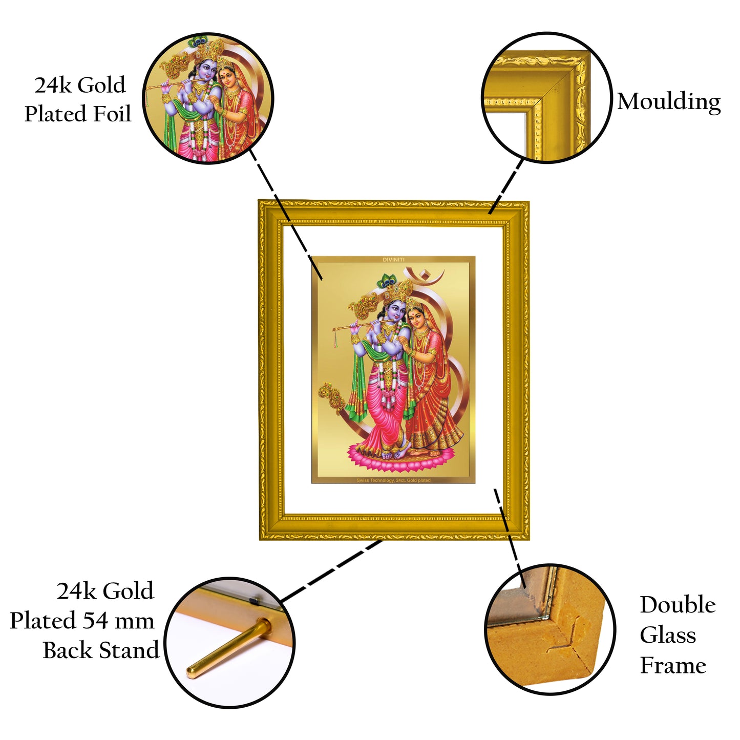 DIVINITI 24K Gold Plated Radha Krishna Modern Photo Frame Idol for Puja Room, Home Wall Decor, Workshop, Table Top, Premium Gift|DG101 Size 2 (22.6x18.4 CM)