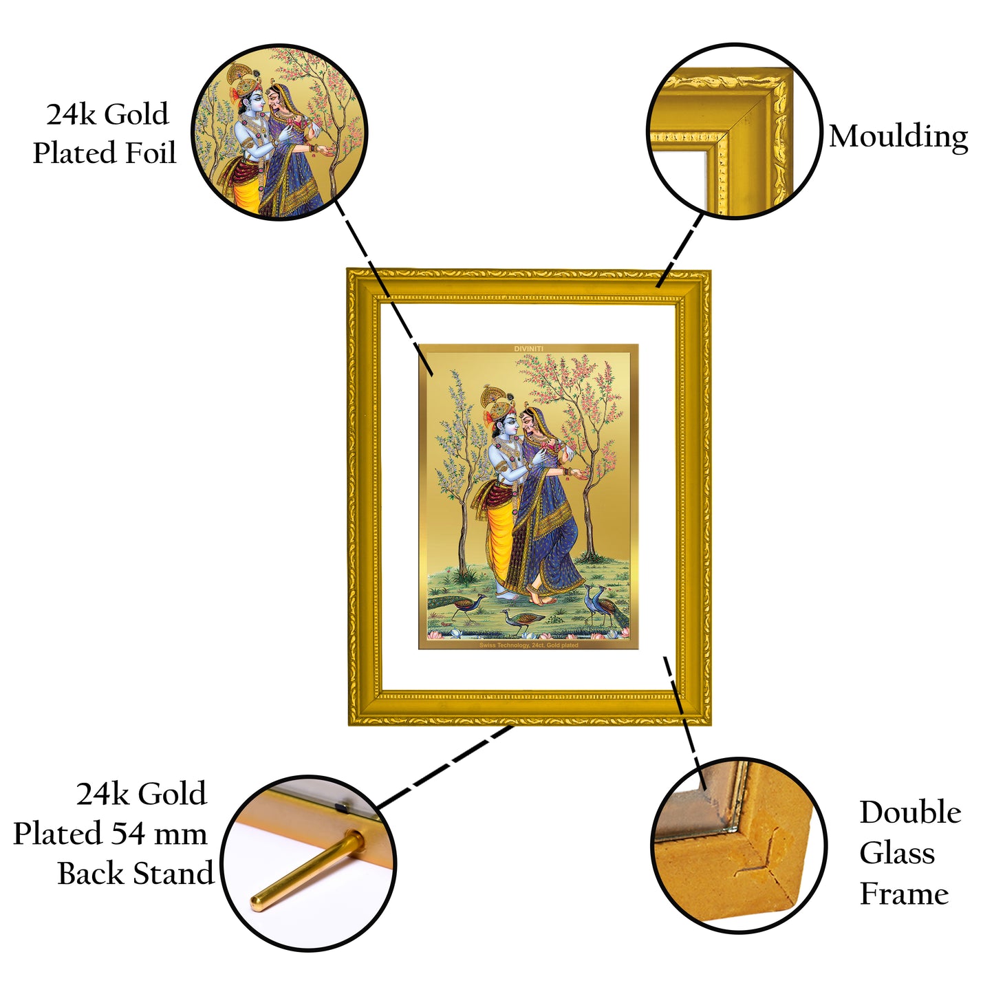 DIVINITI 24K Gold Plated Radha Krishna Photo Frame Idol for Home Decor, Puja Room, Table Top, Wall Hanging, Workshop, Luxurious Gift|DG101 Size 2 (22.6x18.4 CM)