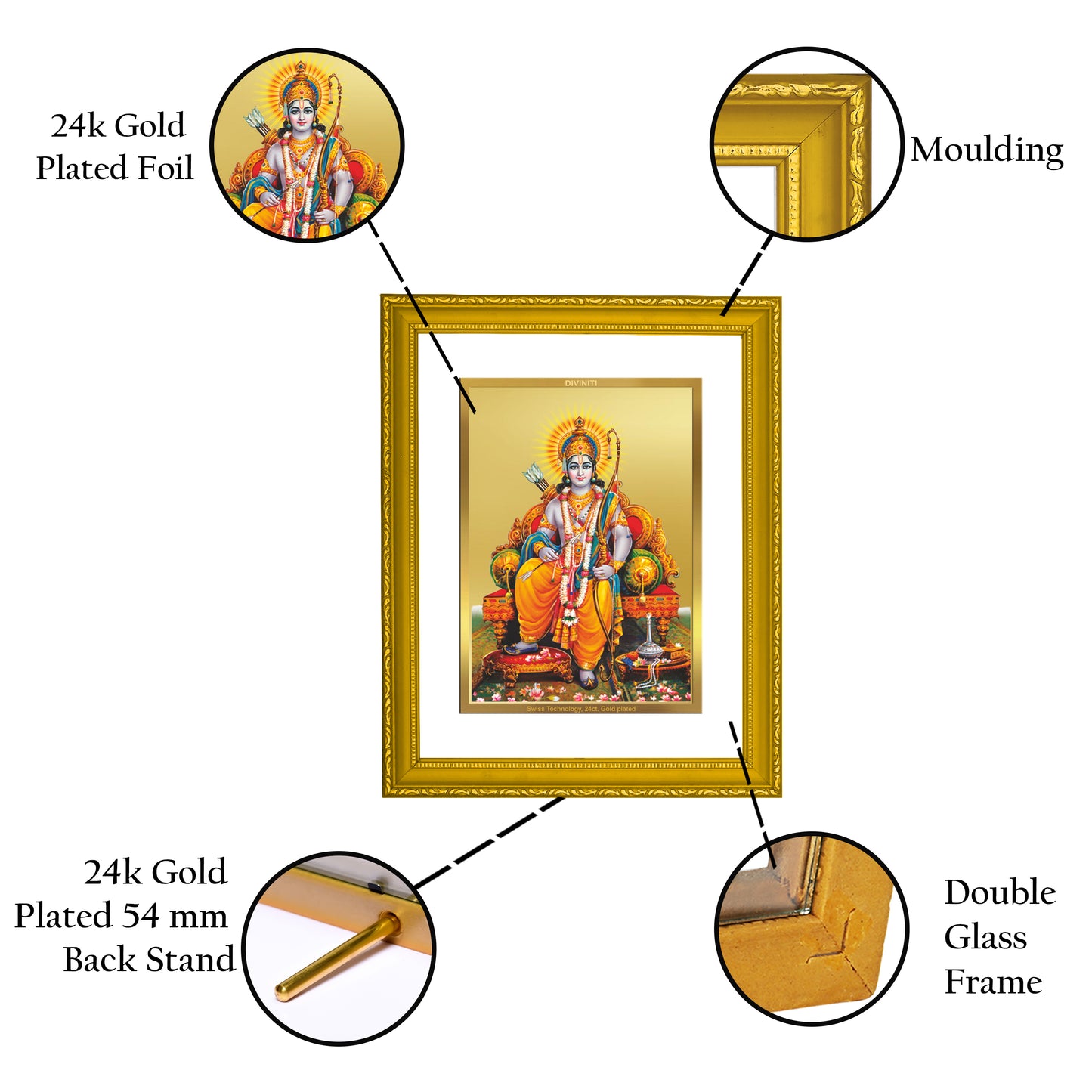 DIVINITI 24K Gold Plated Shri Ram Elegant Photo Frame Idol for Puja Room, Home Wall Decor, Workshop, Table Top, Premium Gift|DG101 Size 2 (22.6x18.4 CM)