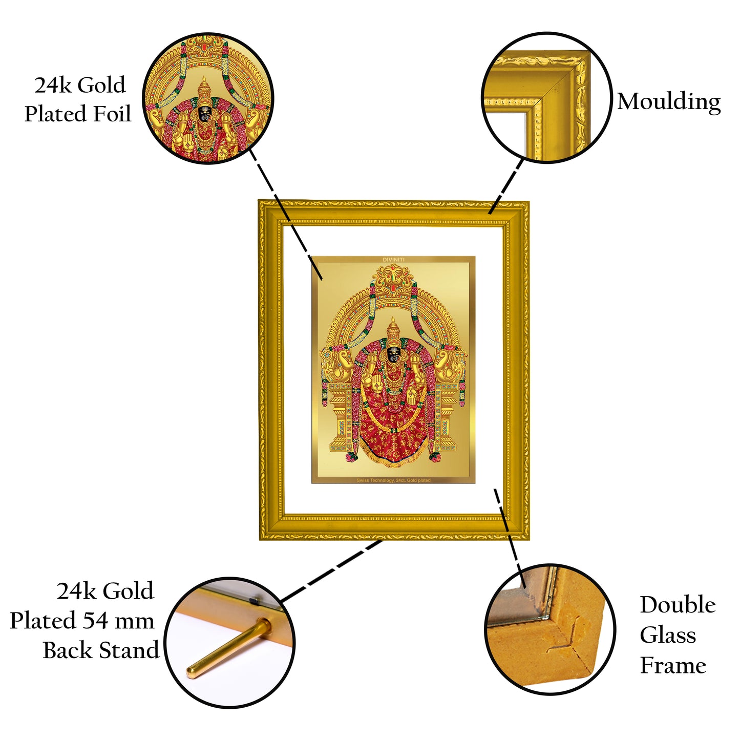 DIVINITI 24K Gold Plated Padmavathi Wooden Elegant Photo Frame Idol for Wall Hanging, Workshop, Table Top, Home Decor, Luxury Gift | DG113 Size 2 (22.6x18.4 CM)