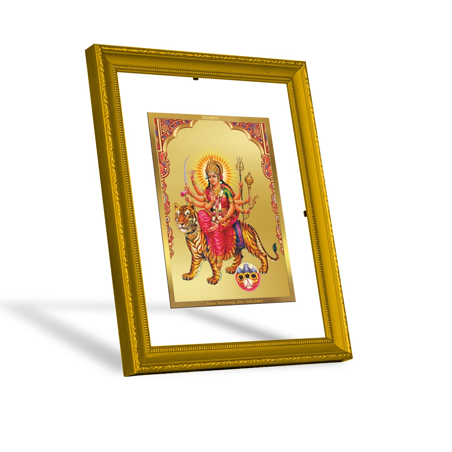 DIVINITI 24K Gold Plated Foil Siddhidatri Mata Wooden Photo Frame Idol for Home Decor, Puja Room, Workshop, Luxury Gift | DG101 Size 2 (22.6x18.4 CM)