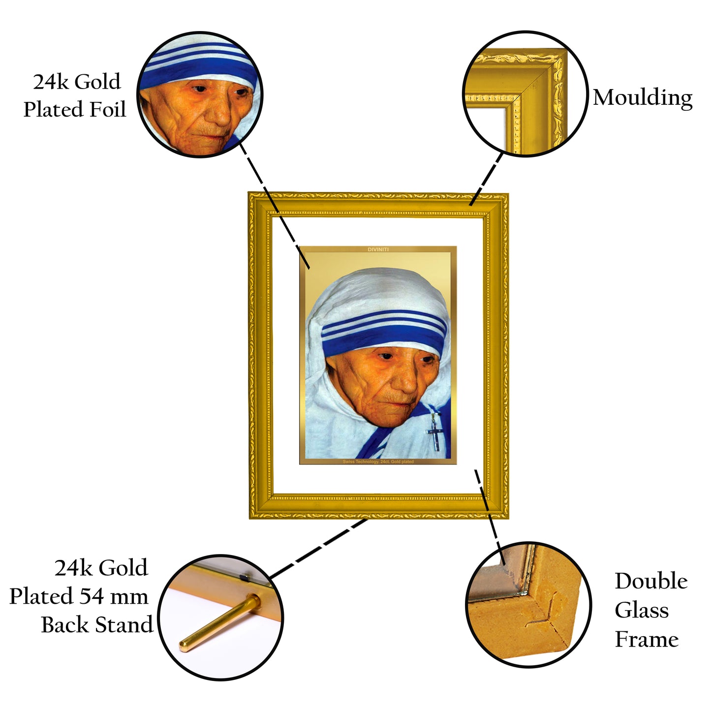 DIVINITI 24K Gold Plated Mother Teresa Wooden Exquisite Photo Frame Idol for Wall Hanging, Table Top, Home Decor, Workshop, Gift Item | DG101 Size 2 (22.6x18.4 CM)