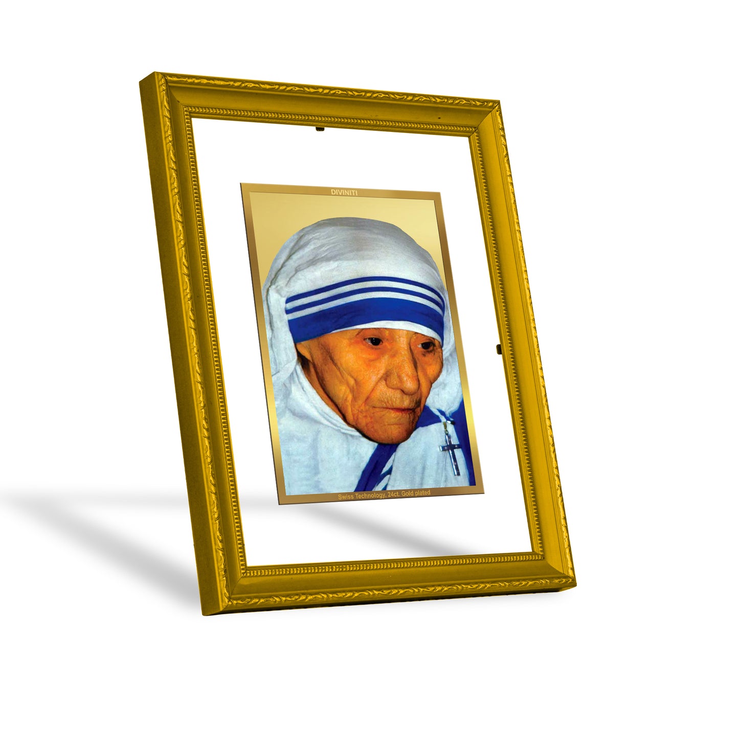 DIVINITI 24K Gold Plated Mother Teresa Wooden Exquisite Photo Frame Idol for Wall Hanging, Table Top, Home Decor, Workshop, Gift Item | DG101 Size 2 (22.6x18.4 CM)