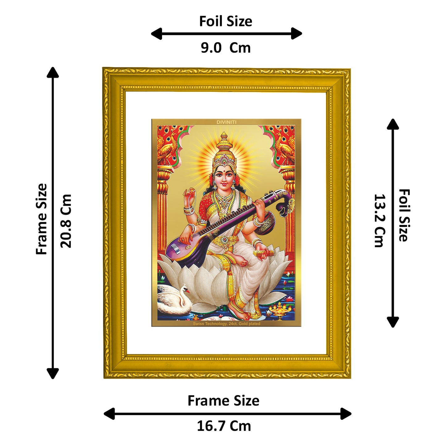 DIVINITI 24K Gold Plated Foil Santoshi Mata Wooden Stylish Photo Frame Idol for Wall Hanging, Puja Room, Workshop, Home Decor, Gift | DG101 Size 2 (22.6x18.4 CM)