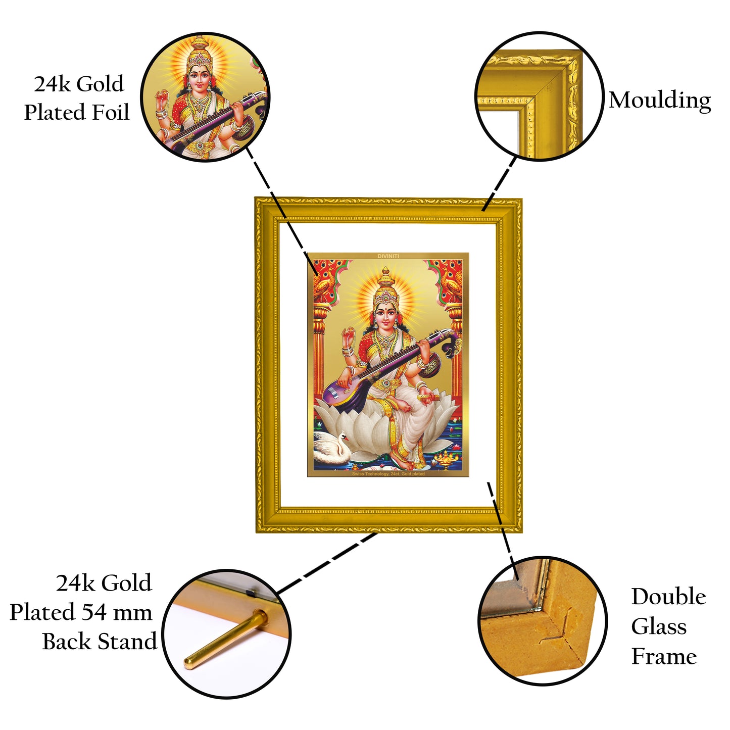 DIVINITI 24K Gold Plated Foil Santoshi Mata Wooden Stylish Photo Frame Idol for Wall Hanging, Puja Room, Workshop, Home Decor, Gift | DG101 Size 2 (22.6x18.4 CM)