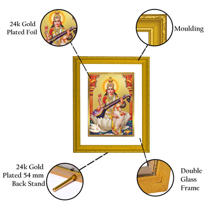 DIVINITI 24K Gold Plated Foil Santoshi Mata Wooden Stylish Photo Frame Idol for Wall Hanging, Puja Room, Workshop, Home Decor, Gift | DG101 Size 2 (22.6x18.4 CM)