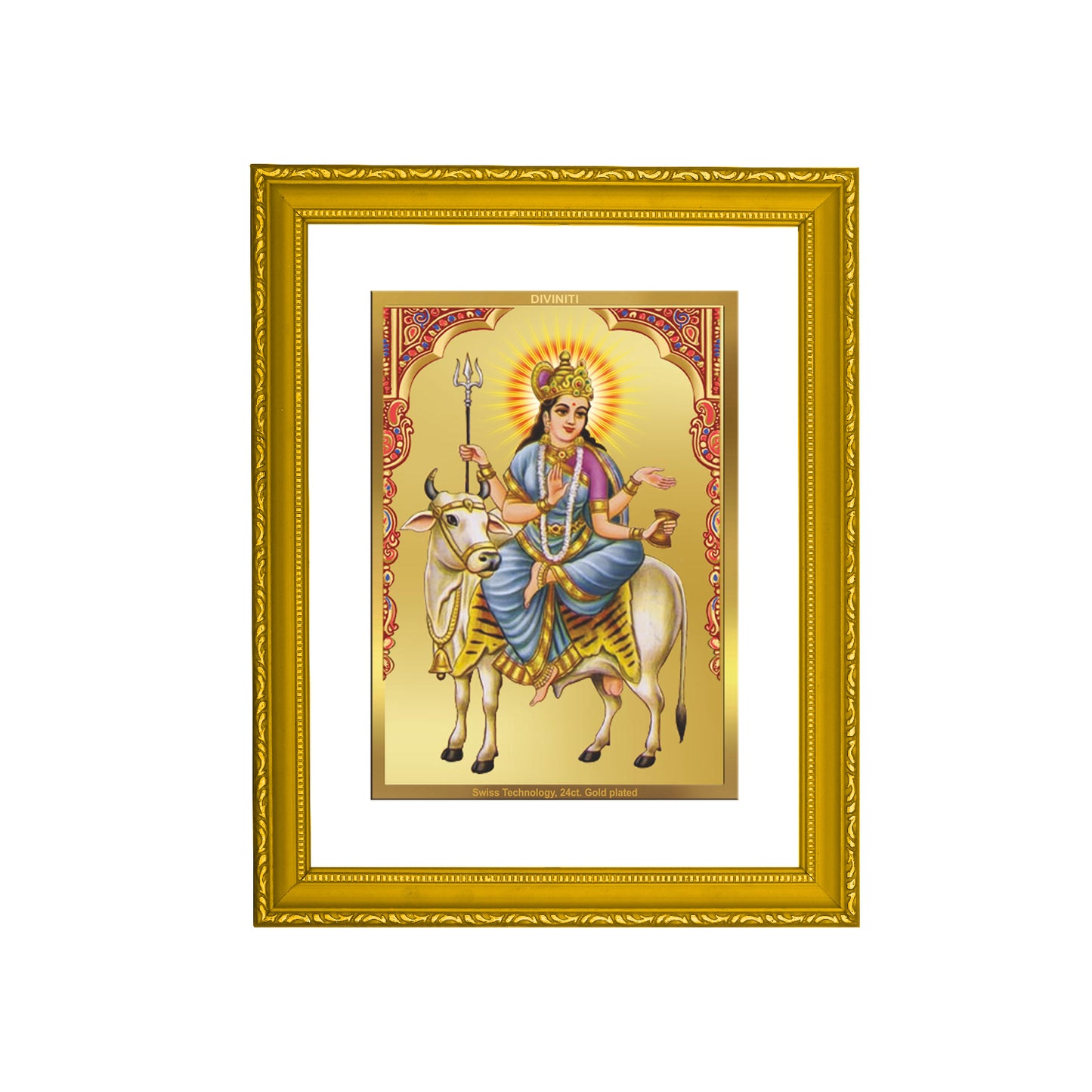 DIVINITI 24K Gold Plated Mahagauri Mata Wooden Luxurious Photo Frame Idol for Wall Hanging, Home Decor, Workshop, Table Top, Luxury Gift | DG113 Size 2 (22.6x18.4 CM)