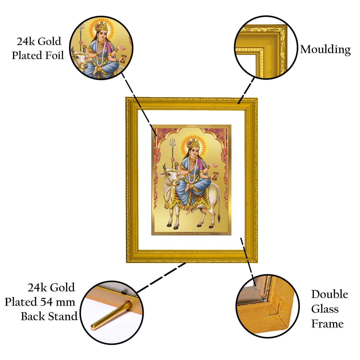 DIVINITI 24K Gold Plated Mahagauri Mata Wooden Luxurious Photo Frame Idol for Wall Hanging, Home Decor, Workshop, Table Top, Luxury Gift | DG113 Size 2 (22.6x18.4 CM)