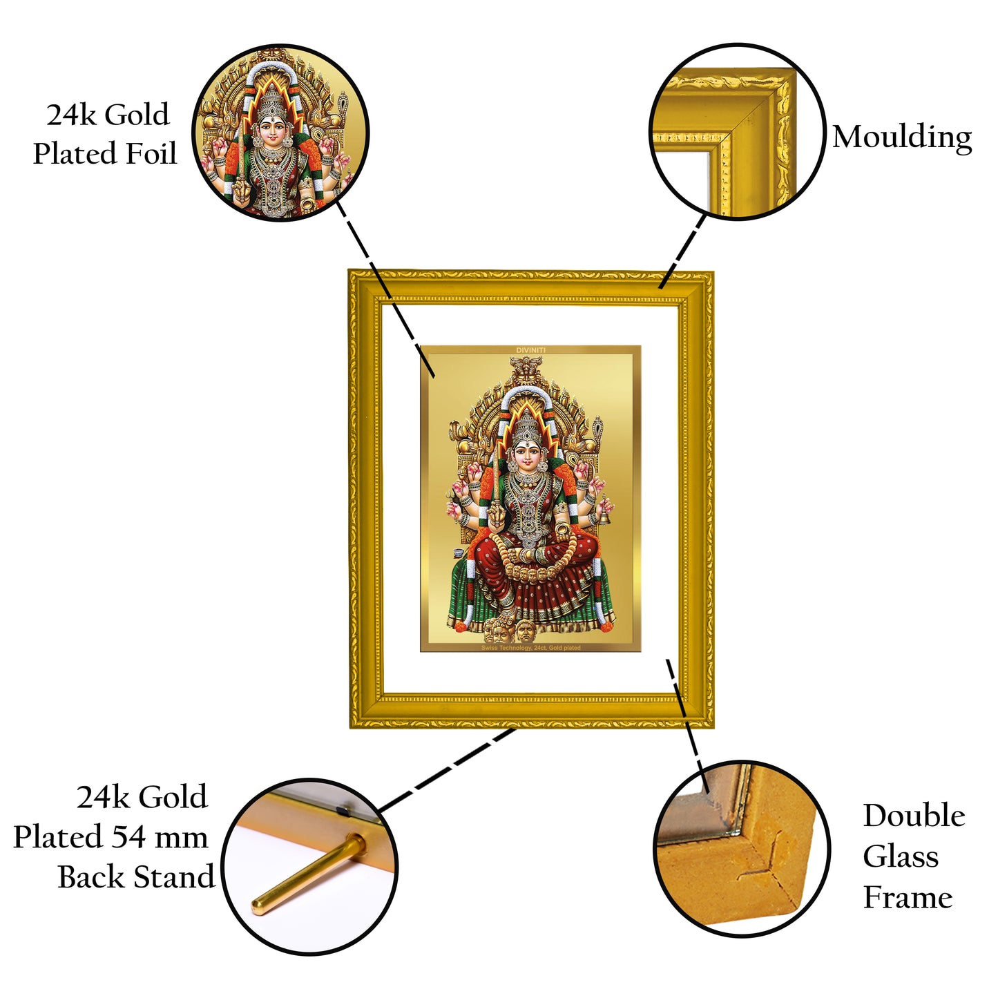 DIVINITI 24K Gold Plated Foil Samayapuram Mariamman Wooden Wall Hanging Photo Frame Idol for Workshop, Home Decor, Puja Room, Gift | DG101 Size 2 (22.6x18.4 CM)