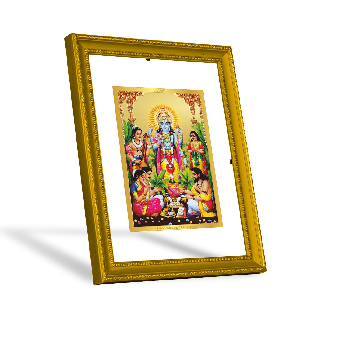 DIVINITI 24K Gold Plated Foil Satya Narayan Modern Photo Frame Idol for Home Decor, Wall Hanging, Puja Room, Workshop, Gift|DG101 Size 2 (22.6x18.4 CM)