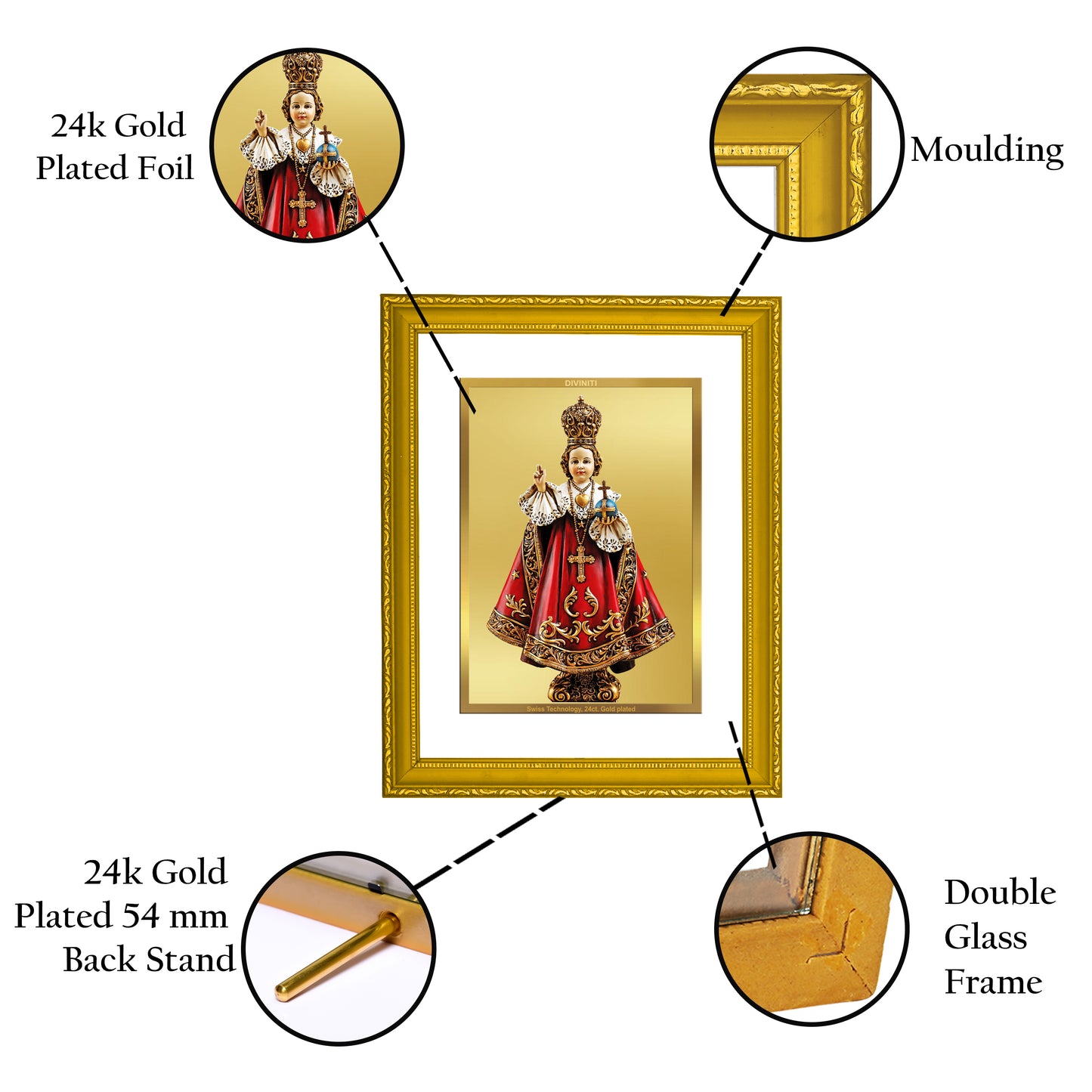 DIVINITI 24K Gold Plated Foil Infant Jesus Wooden Stylish Photo Frame Idol for Wall Hanging, Home Decor, Workshop, Premium Gift | DG101 Size 2 (22.6x18.4 CM)