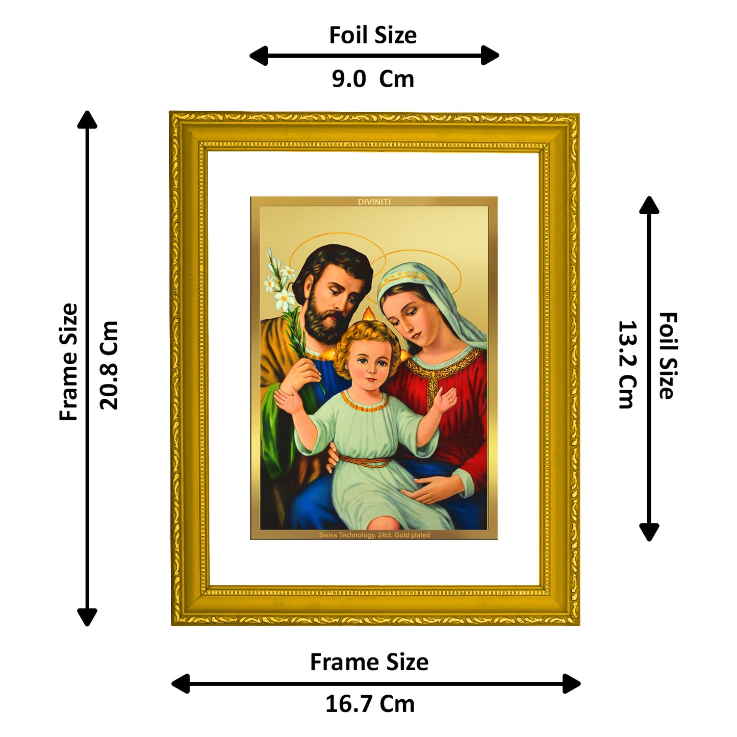 DIVINITI 24K Gold Plated Foil Holy Family Wooden Classic Photo Frame Idol for Home Decor, Workshop, Wall Hanging, Premium Gift | DG101 Size 2 (22.6x18.4 CM)