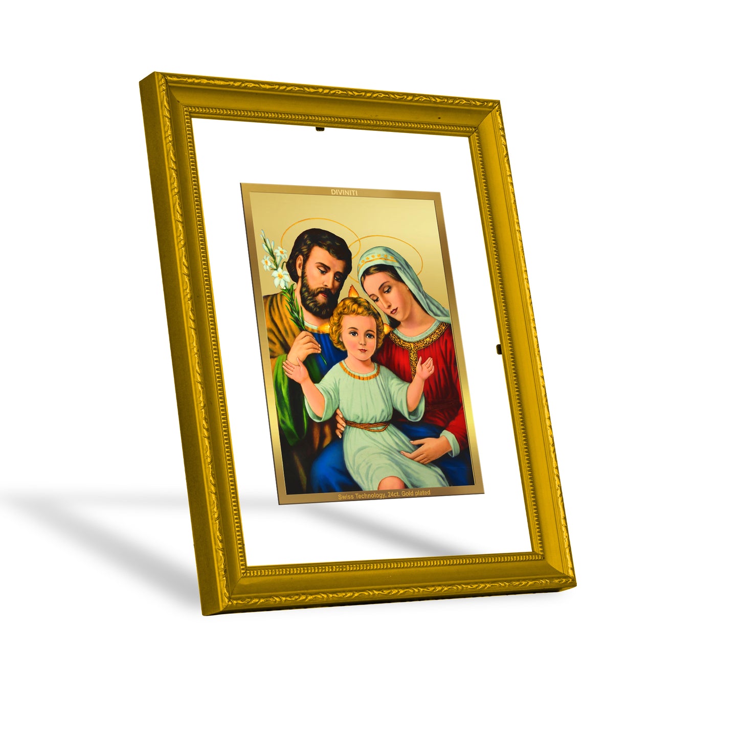 DIVINITI 24K Gold Plated Foil Holy Family Wooden Classic Photo Frame Idol for Home Decor, Workshop, Wall Hanging, Premium Gift | DG101 Size 2 (22.6x18.4 CM)