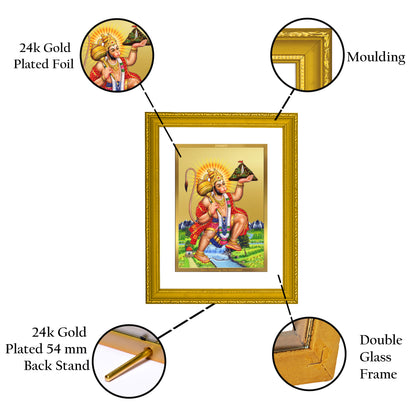 DIVINITI 24K Gold Plated Foil Lord Hanuman Wooden Wall Photo Frame Idol for Home Decor, Workshop, Puja Room, Luxury Gift | DG101 Size 2 (22.6x18.4 CM)