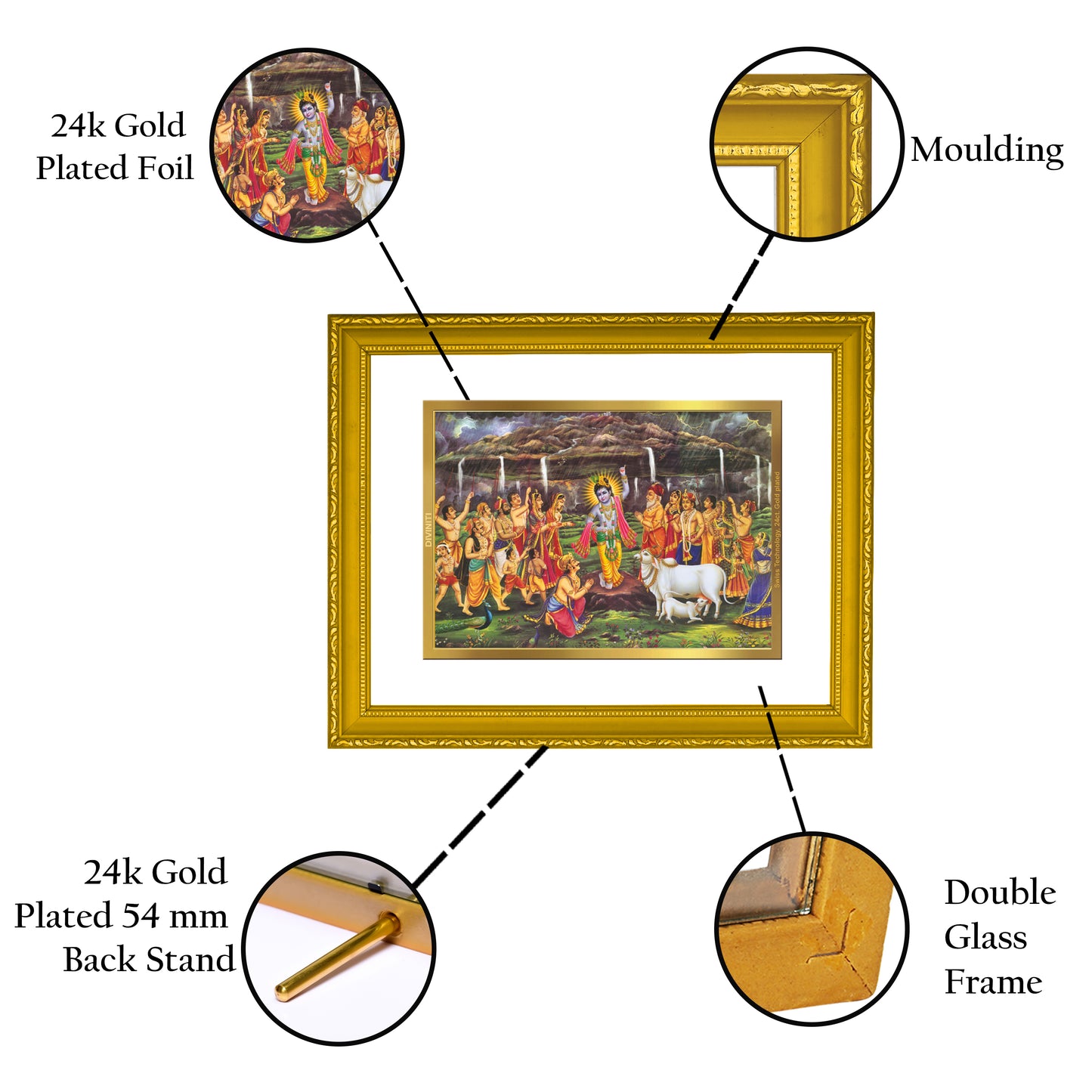 DIVINITI 24K Gold Plated Foil Goverdhan Wooden Wall Photo Frame Idol for Home & Office Decor, Workshop, Puja Room, Premium Gift | DG101 Size 2 (22.6x18.4 CM)