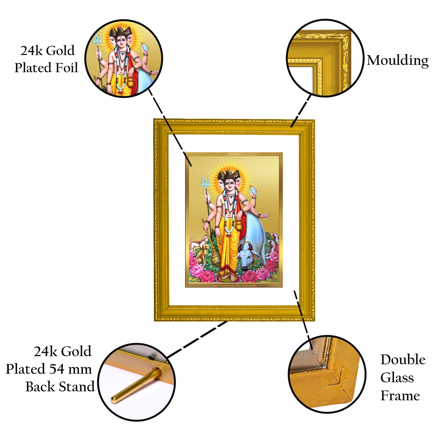 DIVINITI 24K Gold Plated Foil Dattatreya Wooden Modern Photo Frame Idol for Puja Room, Home Decor, Wall Hanging, Premium Gift | DG101 Size 2 (22.6x18.4 CM)