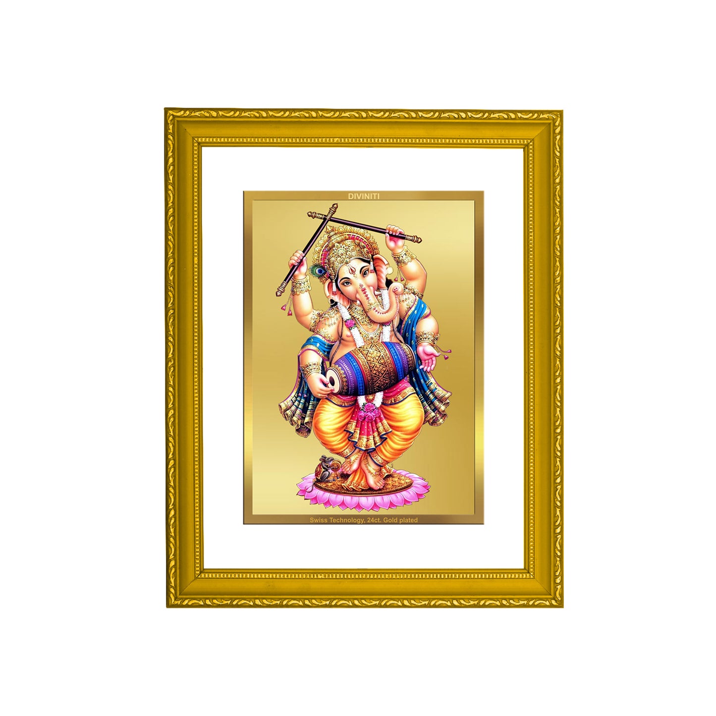 DIVINITI 24K Gold Plated Foil Lord Ganesha Wooden Classic Photo Frame Idol for Home Decor, Wall Hanging, Puja Room, Workshop, Gift | DG101 Size 2 (22.6x18.4 CM)