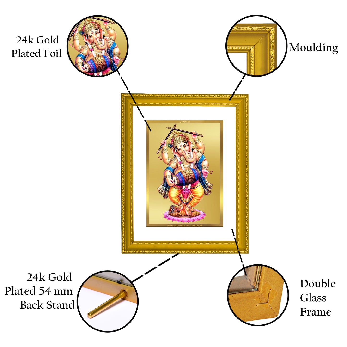 DIVINITI 24K Gold Plated Foil Lord Ganesha Wooden Classic Photo Frame Idol for Home Decor, Wall Hanging, Puja Room, Workshop, Gift | DG101 Size 2 (22.6x18.4 CM)