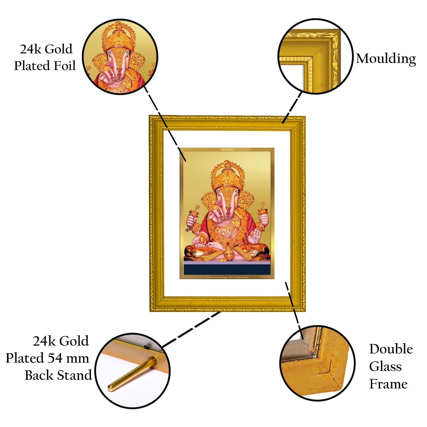 DIVINITI 24K Gold Plated Foil Dagru Ganesha Classic Photo Frame Idol for Home Decor, Workshop, Wall Hanging, Personalized Gift|DG101 Size 2 (22.6x18.4 CM)