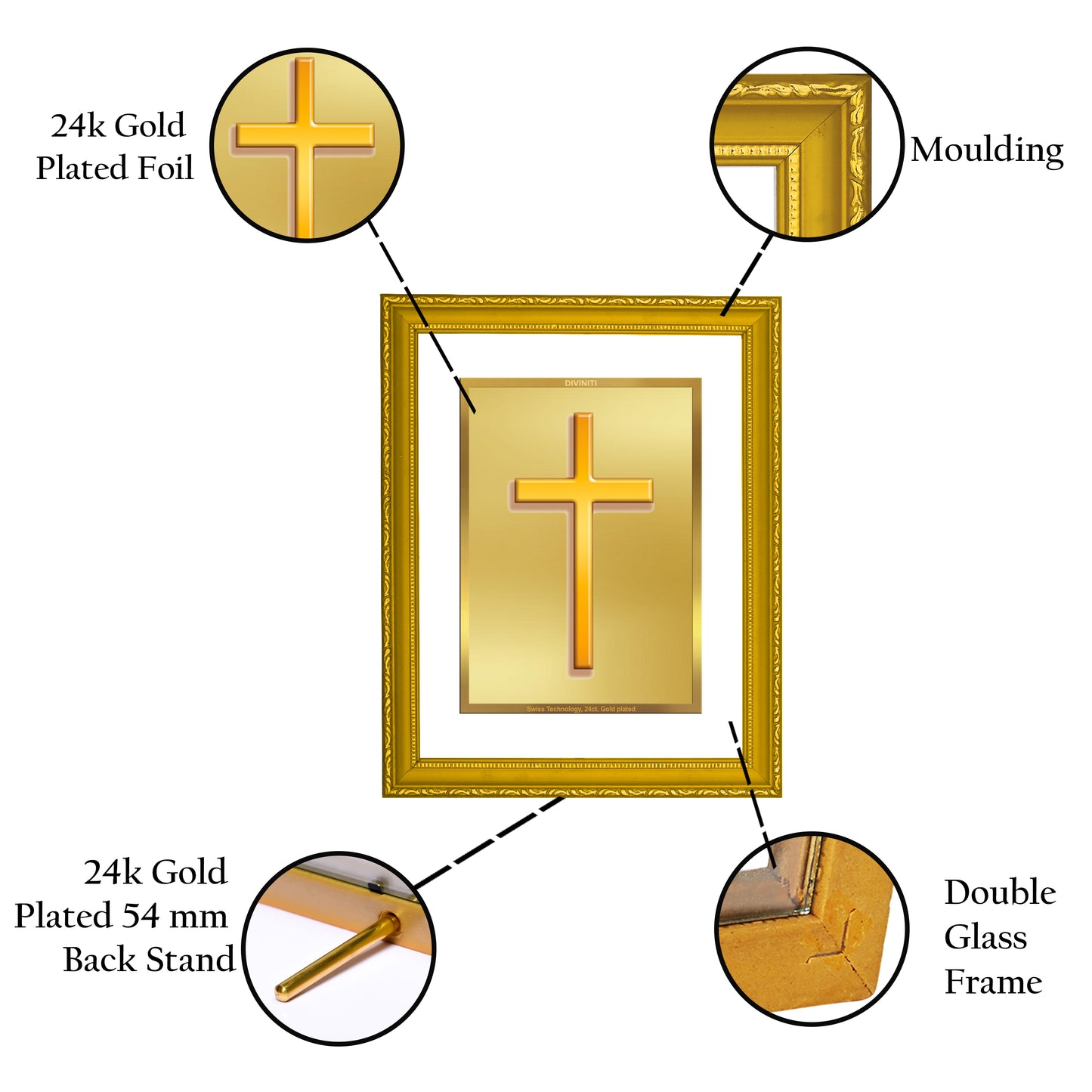 DIVINITI 24K Gold Plated Foil Holy Cross Wooden Modern Photo Frame Idol for Prayer, Home Decor, Workshop, Wall Hanging, Gift | DG101 Size 2 (22.6x18.4 CM)