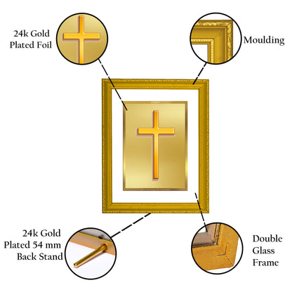 DIVINITI 24K Gold Plated Foil Holy Cross Wooden Modern Photo Frame Idol for Prayer, Home Decor, Workshop, Wall Hanging, Gift | DG101 Size 2 (22.6x18.4 CM)