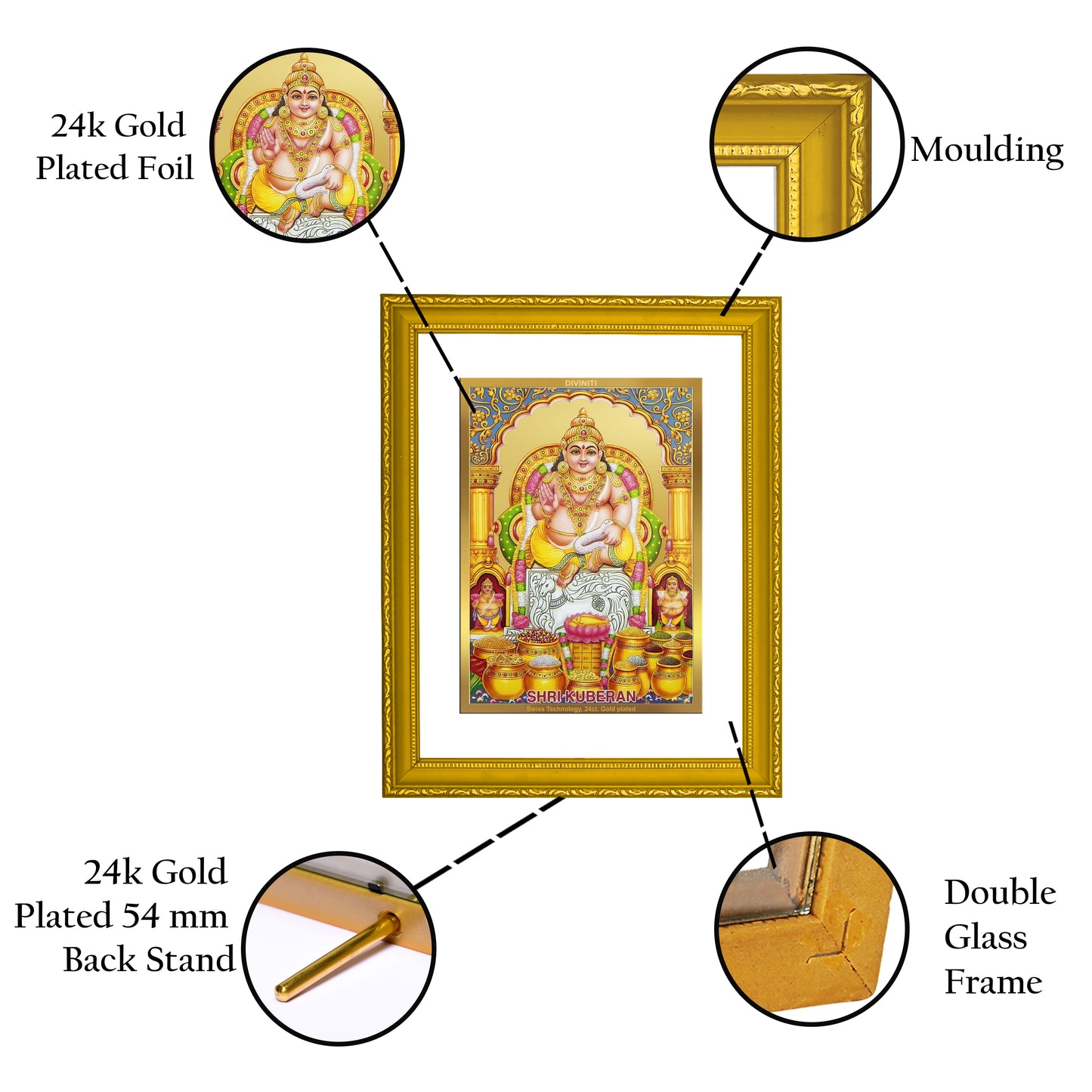 DIVINITI 24K Gold Plated Kuber Wooden Premium Photo Frame Idol for Wall Hanging, Workshop, Table Top, Home Decor, Luxury Gift | DG101 Size 2 (22.6x18.4 CM)