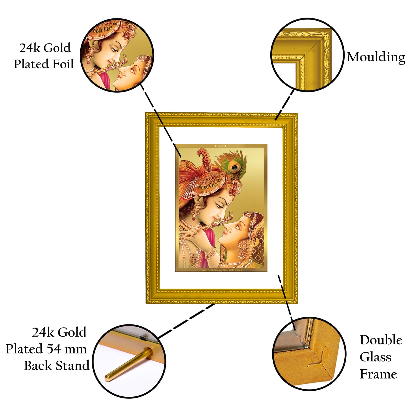 DIVINITI 24K Gold Plated Radha Krishna Wooden Premium Photo Frame Idol for Wall Hanging, Workshop, Table Top, Home Decor, Luxury Gift | DG101 Size 2 (22.6x18.4 CM)