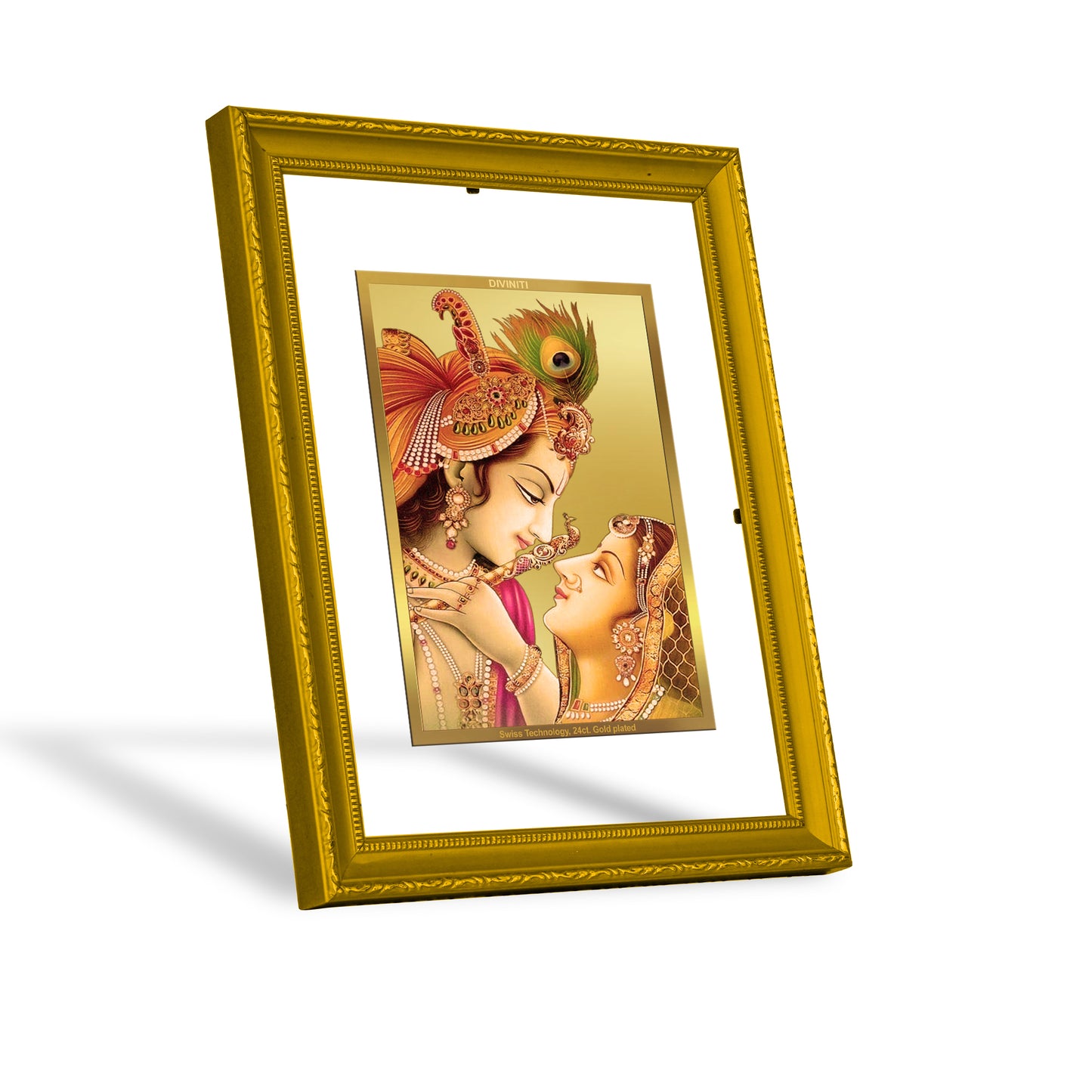 DIVINITI 24K Gold Plated Radha Krishna Wooden Premium Photo Frame Idol for Wall Hanging, Workshop, Table Top, Home Decor, Luxury Gift | DG101 Size 2 (22.6x18.4 CM)