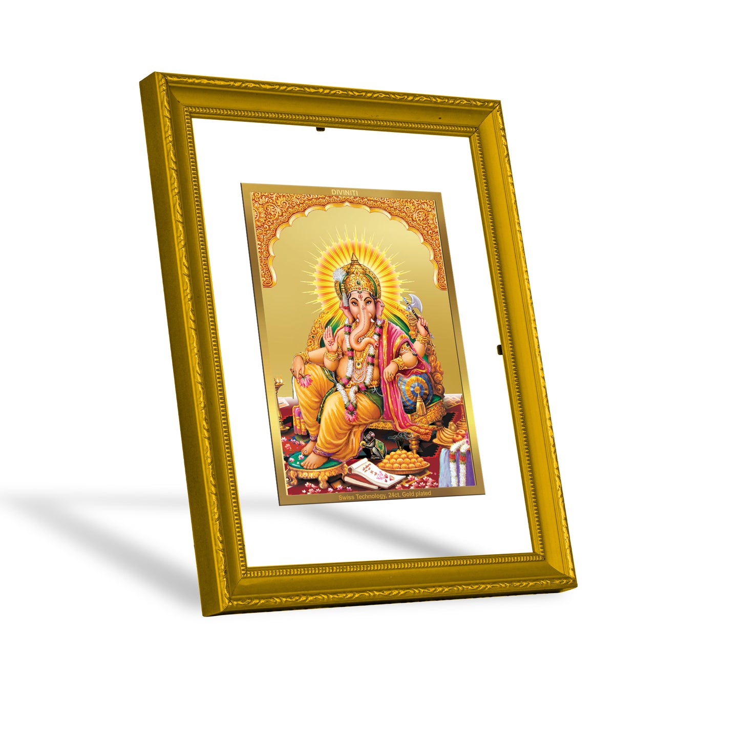 DIVINITI 24K Gold Plated Foil Ganesha Side Pose Wooden Wall Photo Frame Idol for Home Decor, Prayer, Workshop, Premium Gift | DG101 Size 2 (22.6x18.4 CM)