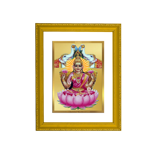 DIVINITI 24K Gold Plated Foil Gaja Lakshmi Wooden Luxurious Photo Frame Idol for Home Decor, Wall Hanging, Prayer, Workshop, Gift | DG101 Size 2 (22.6x18.4 CM)