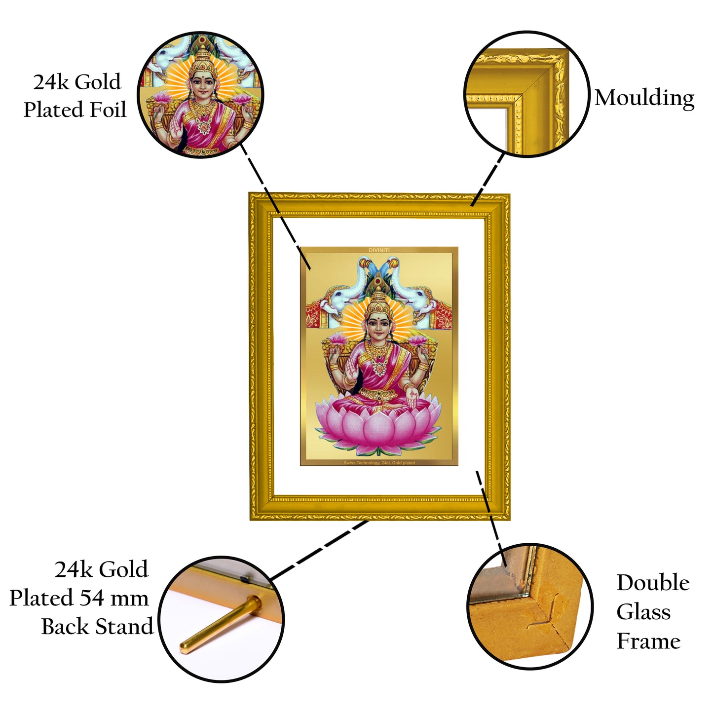 DIVINITI 24K Gold Plated Foil Gaja Lakshmi Luxurious Photo Frame Idol for Home Decor, Wall Hanging, Prayer, Workshop, Gift|DG101 Size 2 (22.6x18.4 CM)