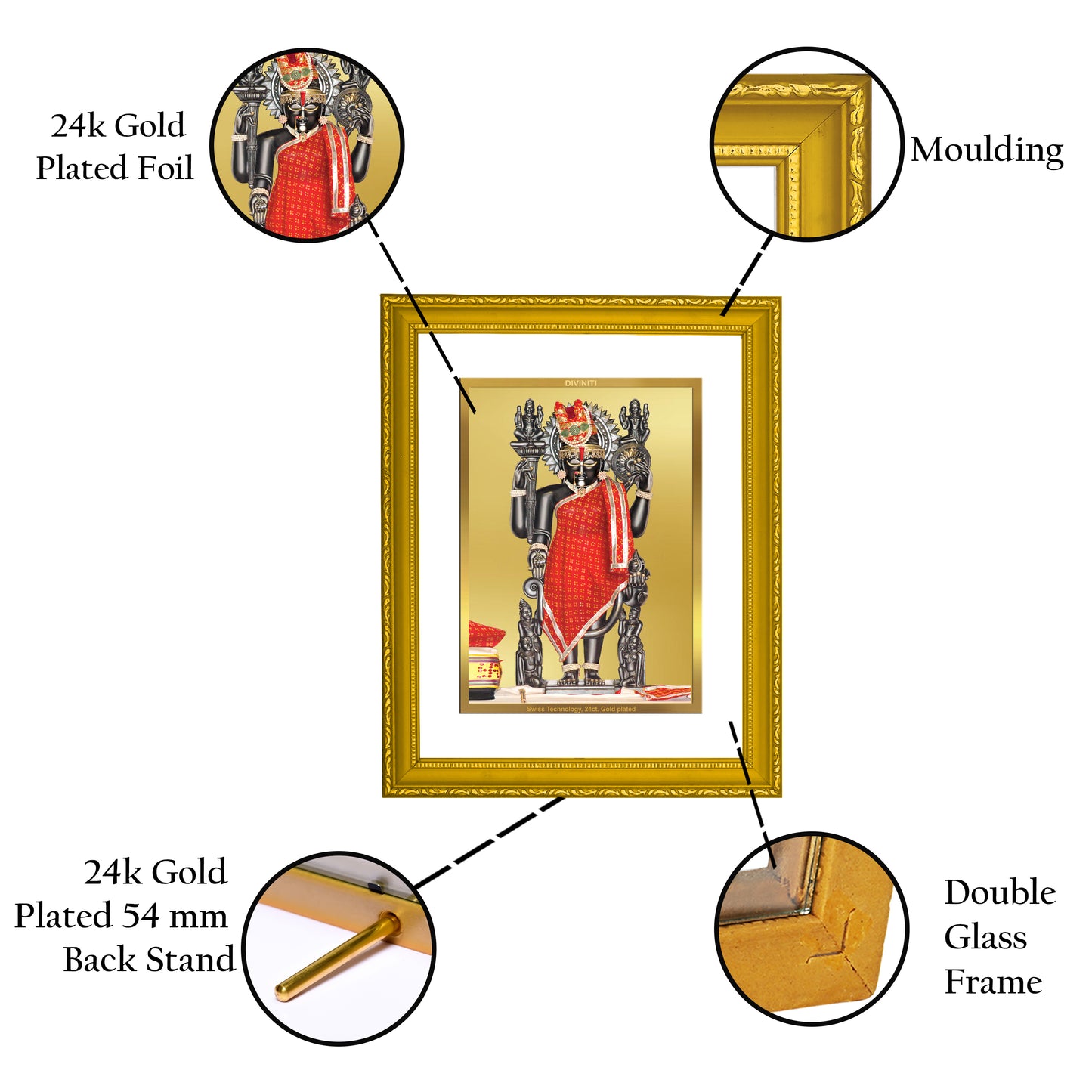 DIVINITI 24K Gold Plated Foil Dwarikadheesh Wooden Traditional Wall Photo Frame Idol for Home Decor, Prayer, Workshop, Gift Item | DG101 Size 2 (22.6x18.4 CM)