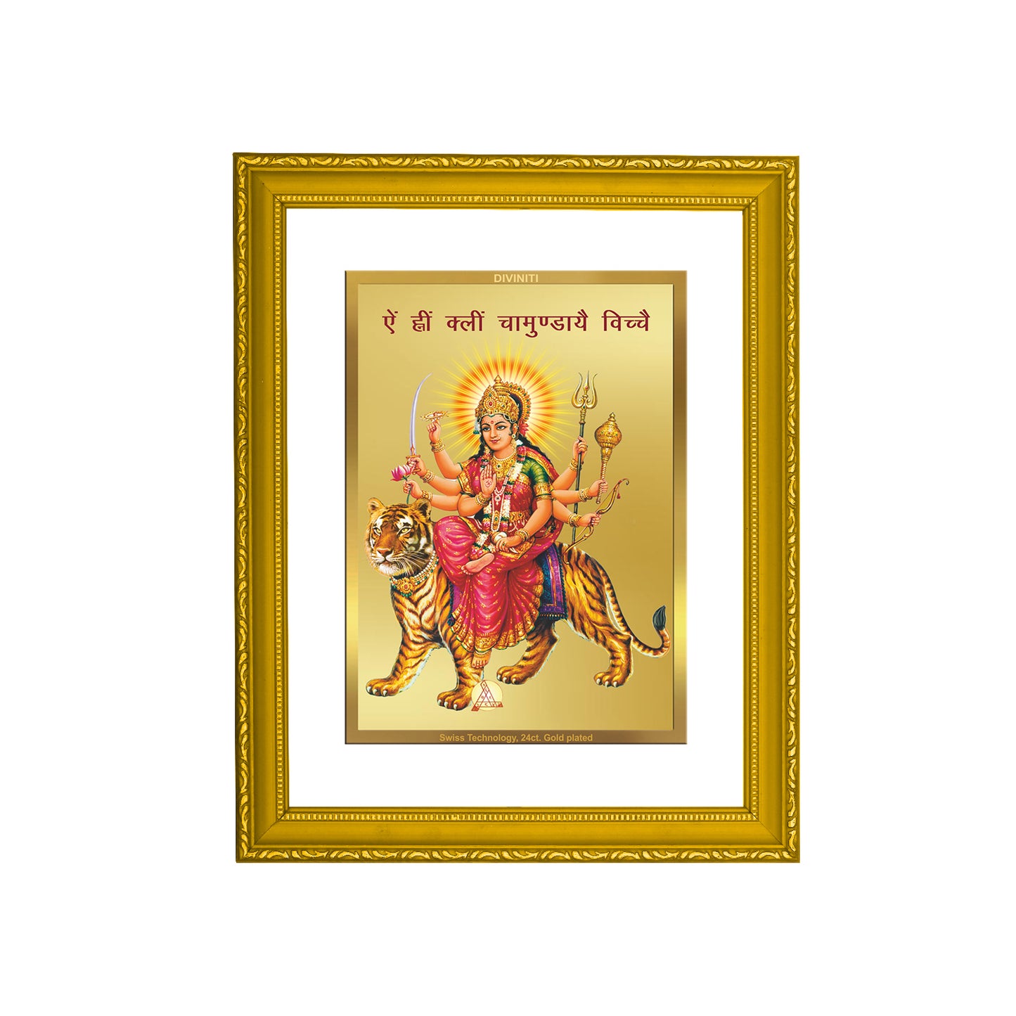 DIVINITI 24K Gold Plated Foil Durga Mata Elegant Wall Photo Frame Idol for Home Decor, Prayer, Workshop, Luxury Gift|DG101 Size 2 (22.6x18.4 CM)