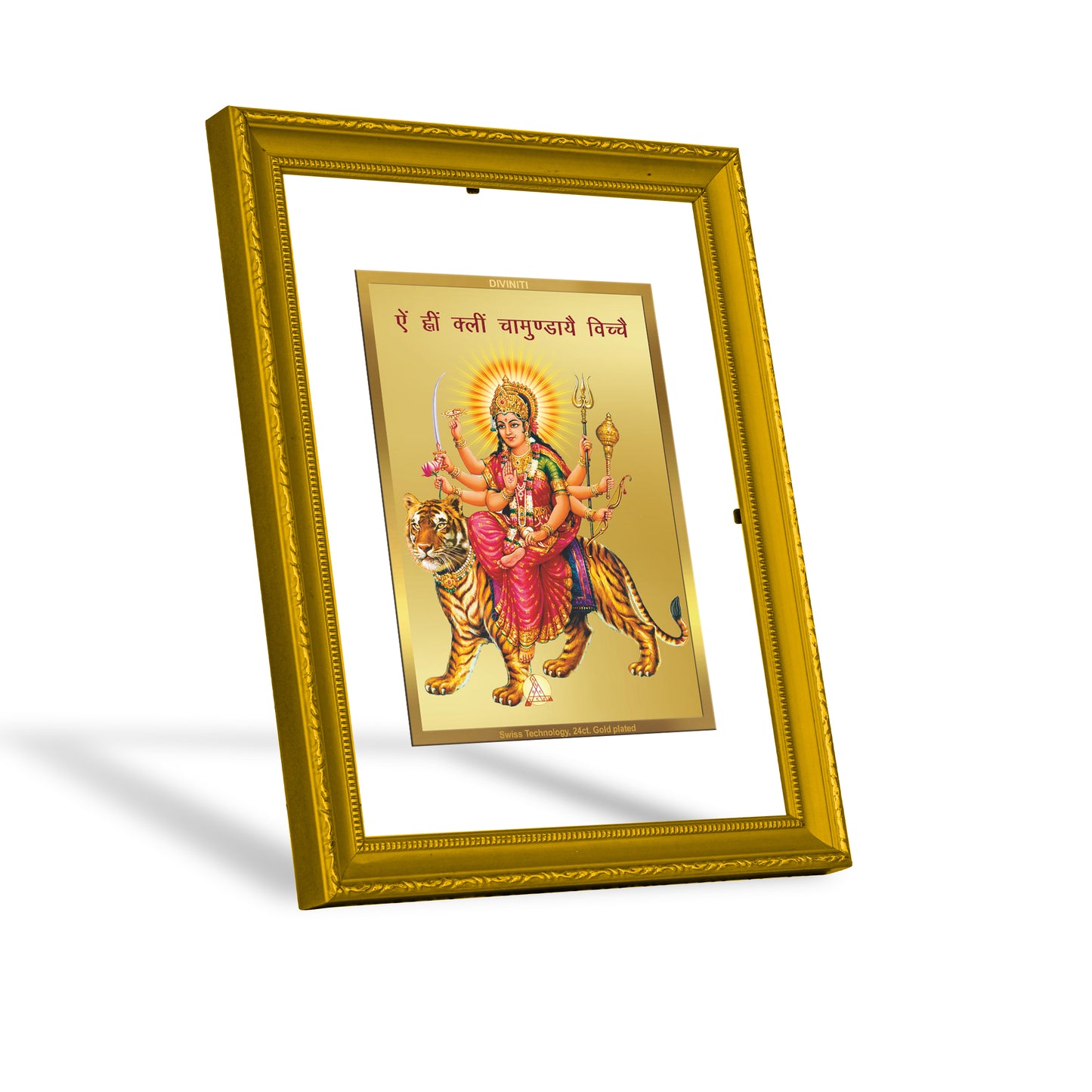 DIVINITI 24K Gold Plated Foil Durga Mata Elegant Wall Photo Frame Idol for Home Decor, Prayer, Workshop, Luxury Gift|DG101 Size 2 (22.6x18.4 CM)