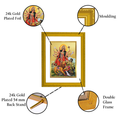 DIVINITI 24K Gold Plated Foil Goddess Durga Wooden Wall Photo Frame Idol for Home Decor, Prayer, Workshop, Premium Gift | DG101 Size 2 (22.6x18.4 CM)