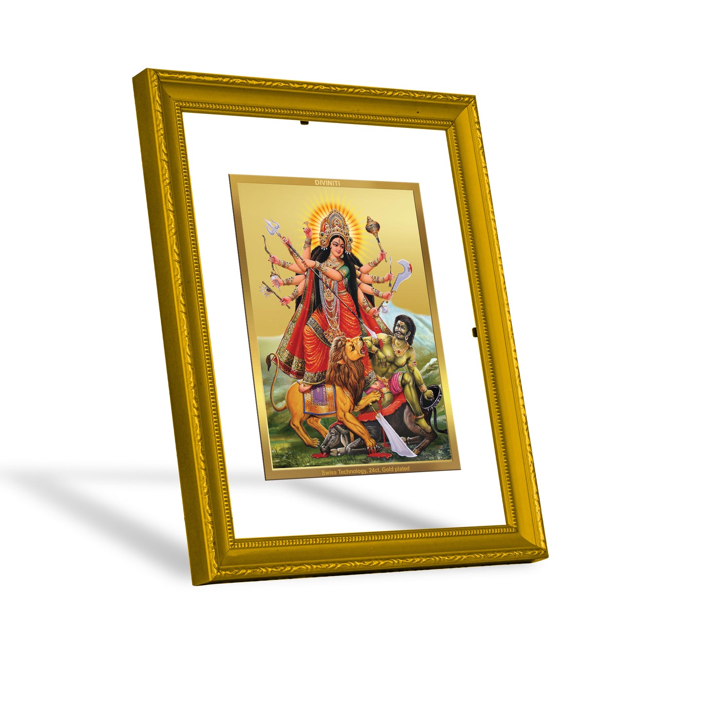 DIVINITI 24K Gold Plated Foil Goddess Durga Wooden Wall Photo Frame Idol for Home Decor, Prayer, Workshop, Premium Gift | DG101 Size 2 (22.6x18.4 CM)