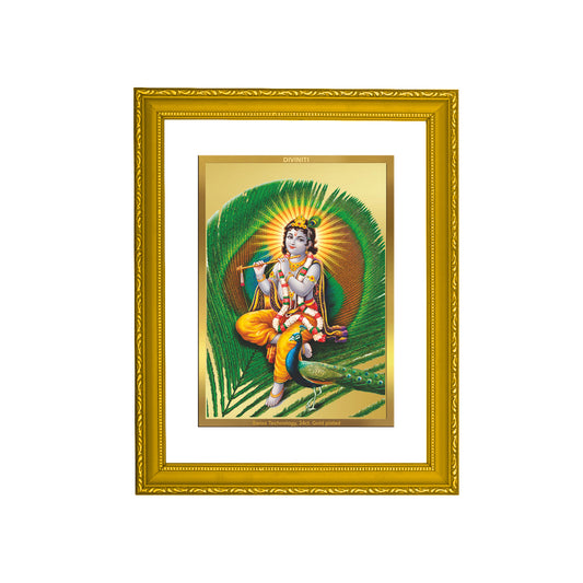 DIVINITI 24K Gold Plated Lord Krishna Wooden Photo Frame Idol for Home Decor, Puja Room, Table Top, Wall Hanging, Workshop, Gift | DG101 Size 2 (22.6x18.4 CM)