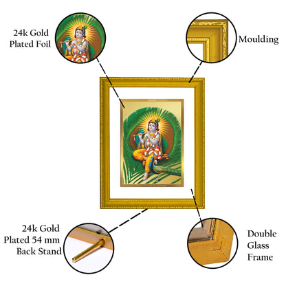 DIVINITI 24K Gold Plated Lord Krishna Wooden Photo Frame Idol for Home Decor, Puja Room, Table Top, Wall Hanging, Workshop, Gift | DG101 Size 2 (22.6x18.4 CM)