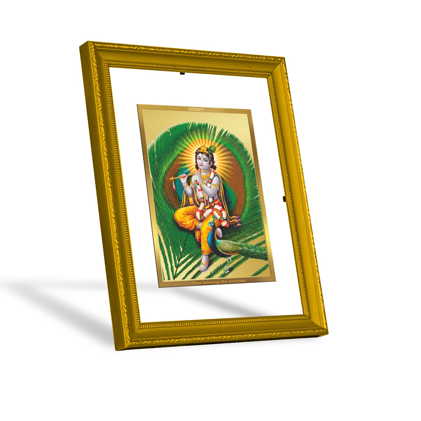 DIVINITI 24K Gold Plated Lord Krishna Wooden Photo Frame Idol for Home Decor, Puja Room, Table Top, Wall Hanging, Workshop, Gift | DG101 Size 2 (22.6x18.4 CM)