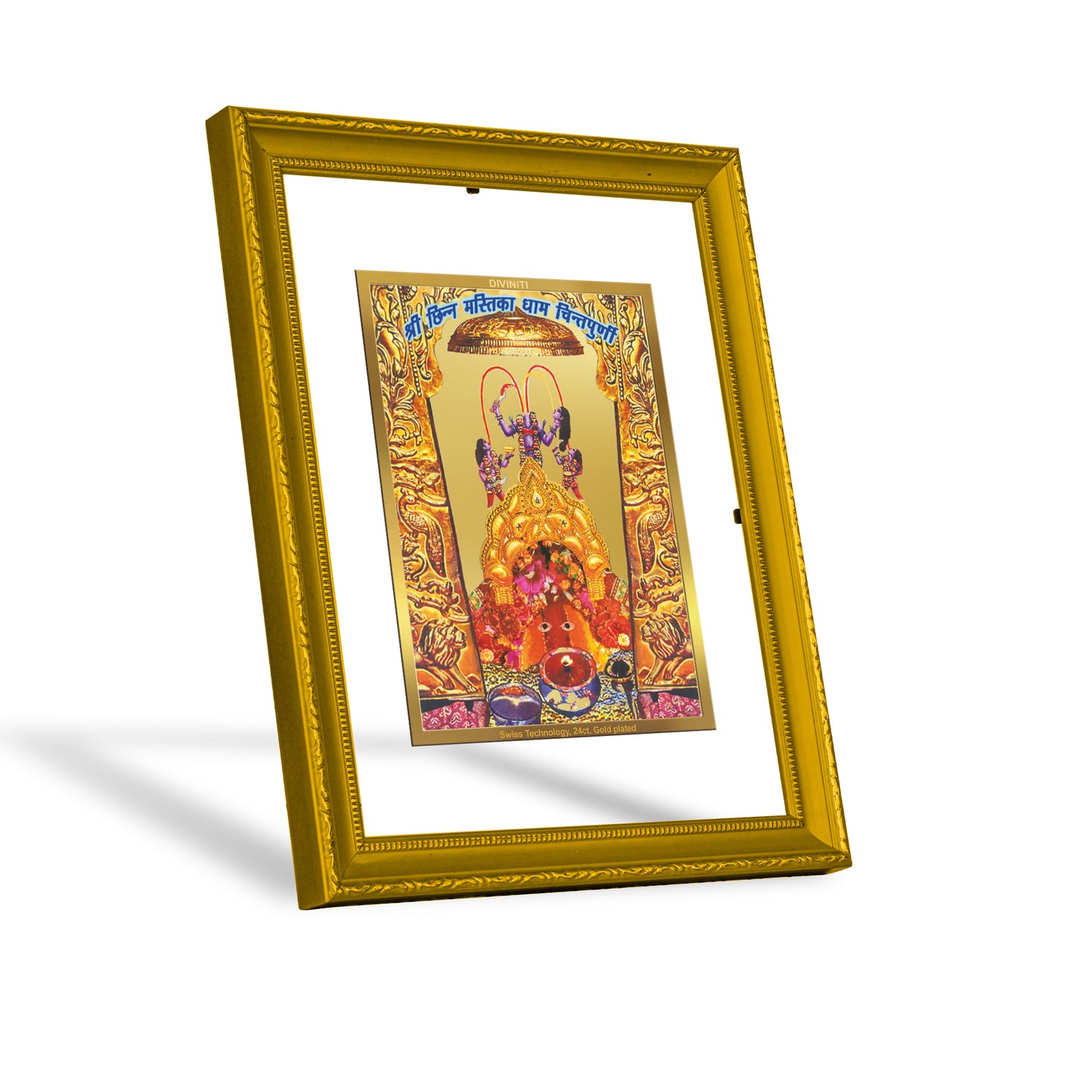 DIVINITI 24K Gold Plated Maa Chintpurni Wooden Traditional Photo Frame Idol for Home Decor, Table Top, Wall Hanging, Workshop, Premium Gift | DG101 Size 2 (22.6x18.4 CM)