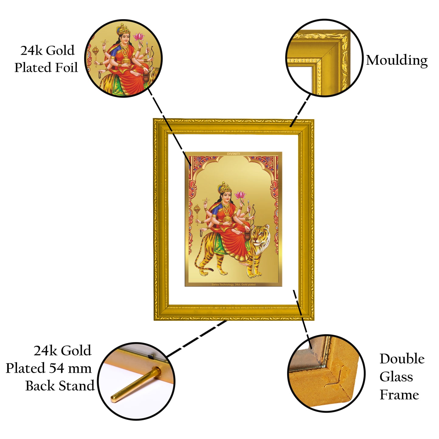 DIVINITI 24K Gold Plated Foil Chandraghanta Mata Photo Frame Idol for Puja Room, Home Decor, Workshop, Premium Gift|DG101 Size 2 (22.6x18.4 CM)