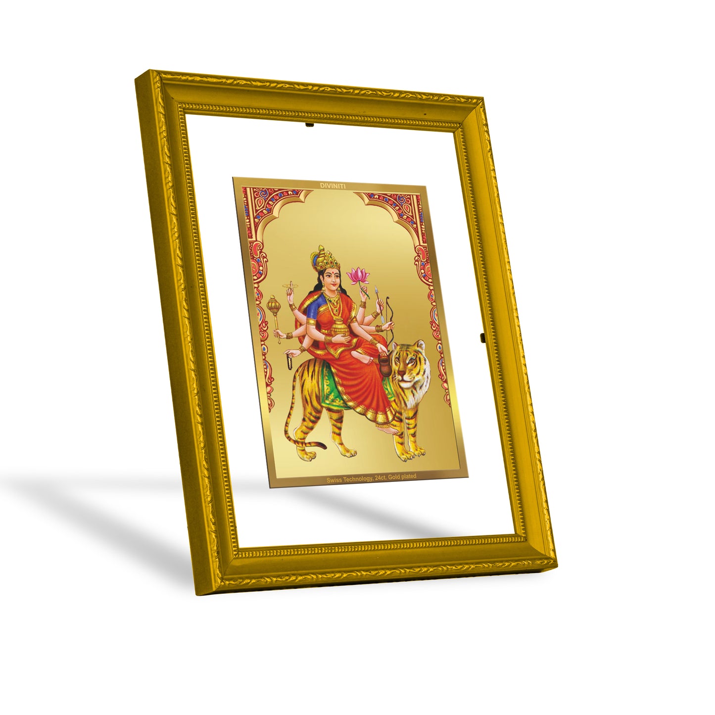 DIVINITI 24K Gold Plated Foil Chandraghanta Mata Photo Frame Idol for Puja Room, Home Decor, Workshop, Premium Gift|DG101 Size 2 (22.6x18.4 CM)