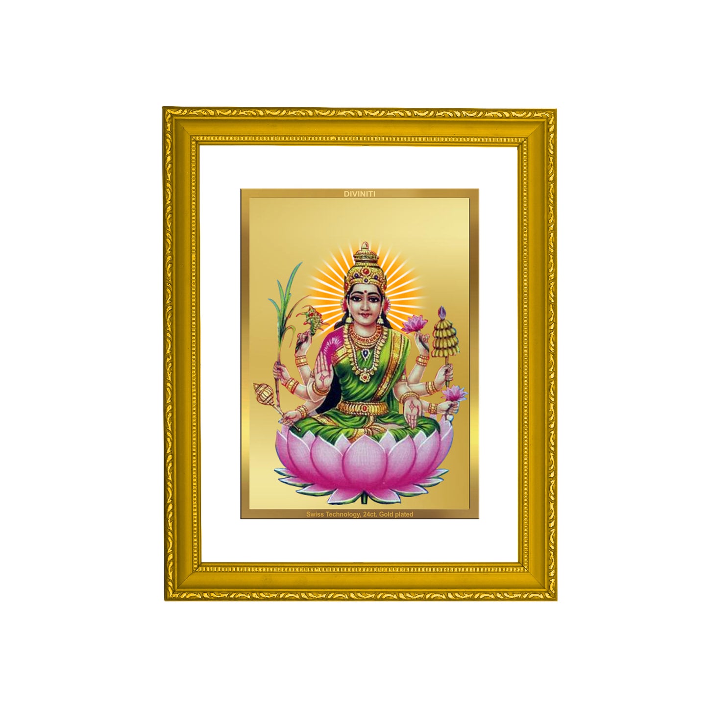 DIVINITI 24K Gold Plated Foil Dhanya Lakshmi Photo Frame Idol for Wall Hanging, Puja Room, Home Decor, Luxurious Gift|DG101 Size 2 (22.6x18.4 CM)